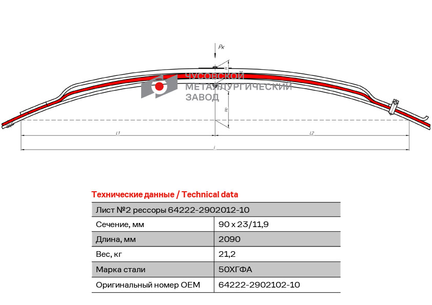 Лист рессоры №2 передней L=2100мм МАЗ 64222-2902102-10