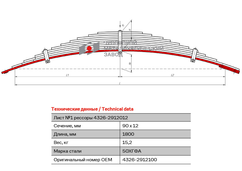 Лист рессоры №1 задней L=1800mm КамАЗ 4326-2912100