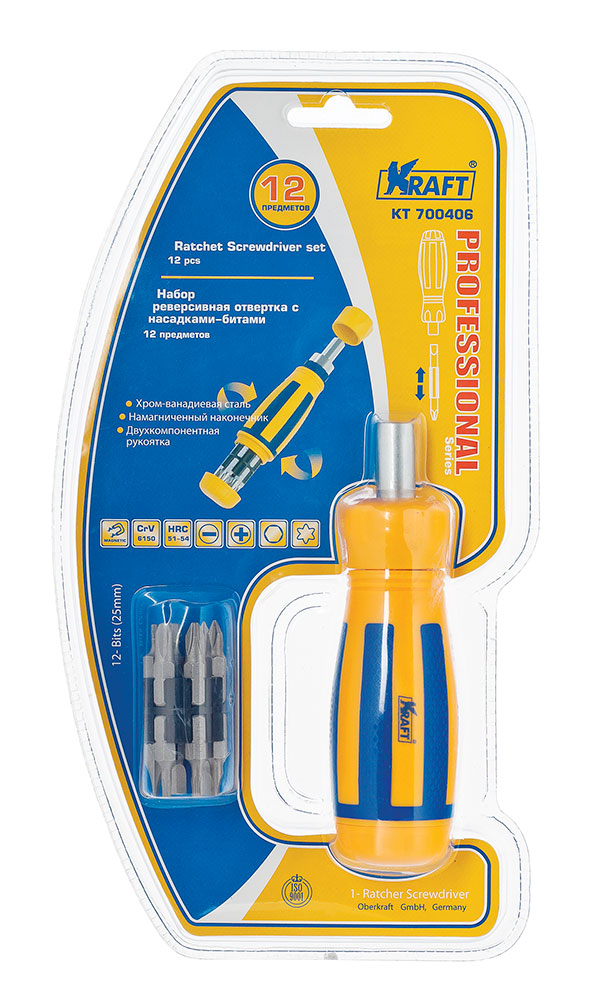 Отвертка реверсивная с битами 12 пр. KT700406