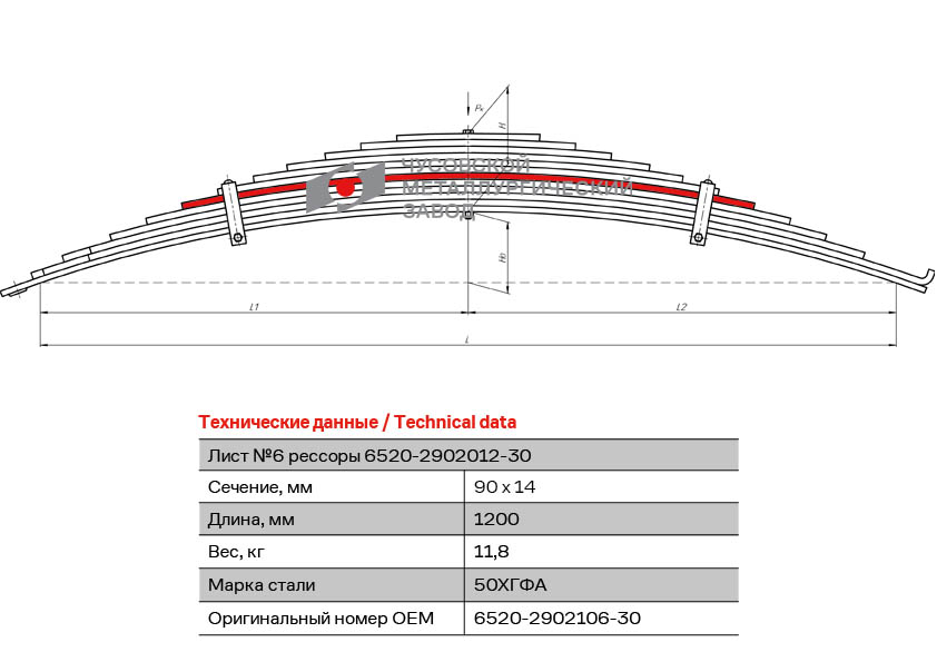 Лист рессоры передней №6 L=1200 мм КАМАЗ 6520-2902106-30